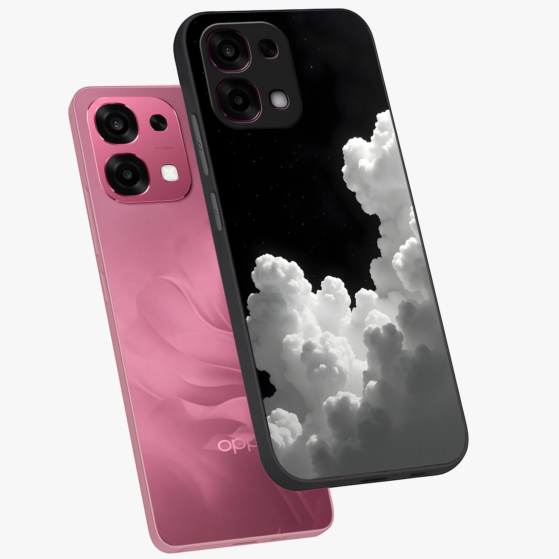 Black Background With White Cloud Glass Case displayed in angled mockup highlighting soft white cloud illustration and minimal design.