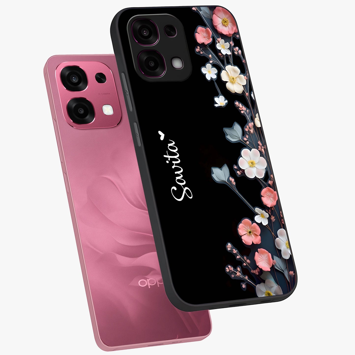 Black Elegance Floral Custom Name Glass Case displayed in angled mockup highlighting dark floral aesthetic and custom name feature.