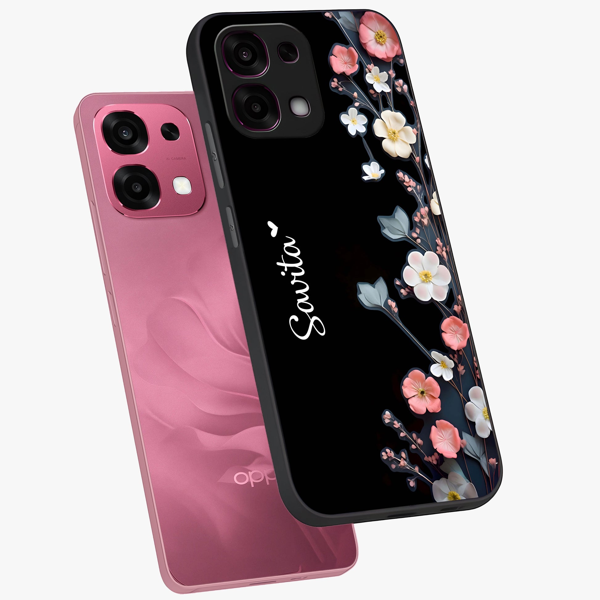 Black Elegance Floral Custom Name Glass Case displayed in angled mockup highlighting dark floral aesthetic and custom name feature.