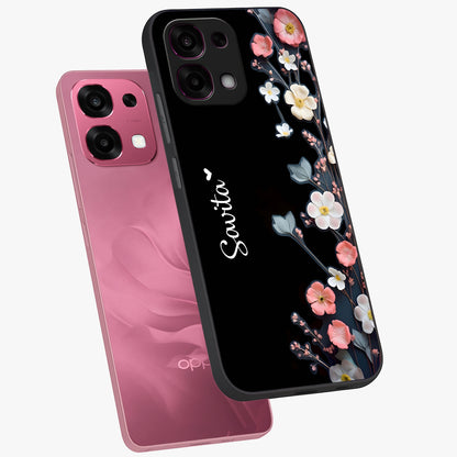 Black Elegance Floral Custom Name Glass Case displayed in angled mockup highlighting dark floral aesthetic and custom name feature.