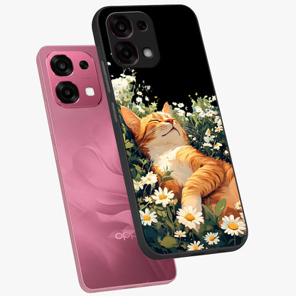 Blissful Bloom Cat Glass Case displayed in angled mockup highlighting playful feline illustration with soft floral aesthetic.