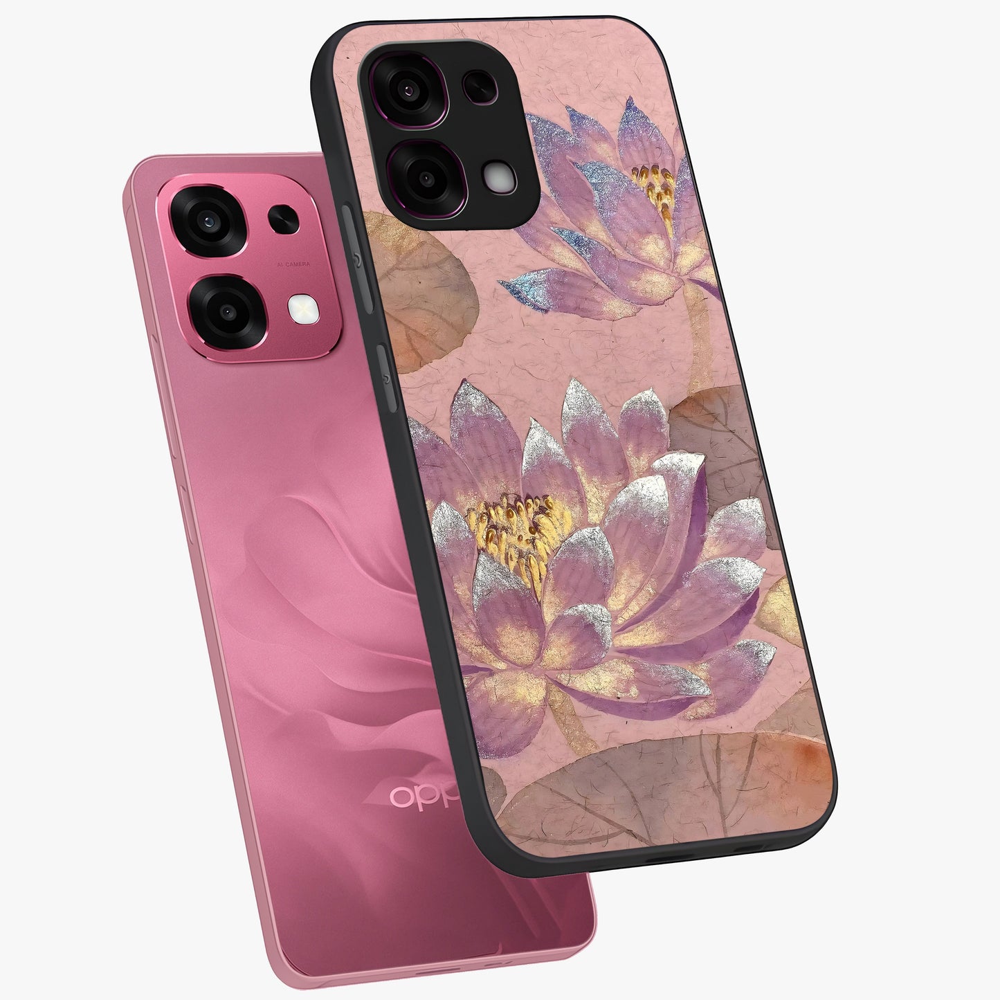 Blossom Mist Lotus Glass Case displayed in angled mockup highlighting delicate lotus illustration with calm aesthetic theme.