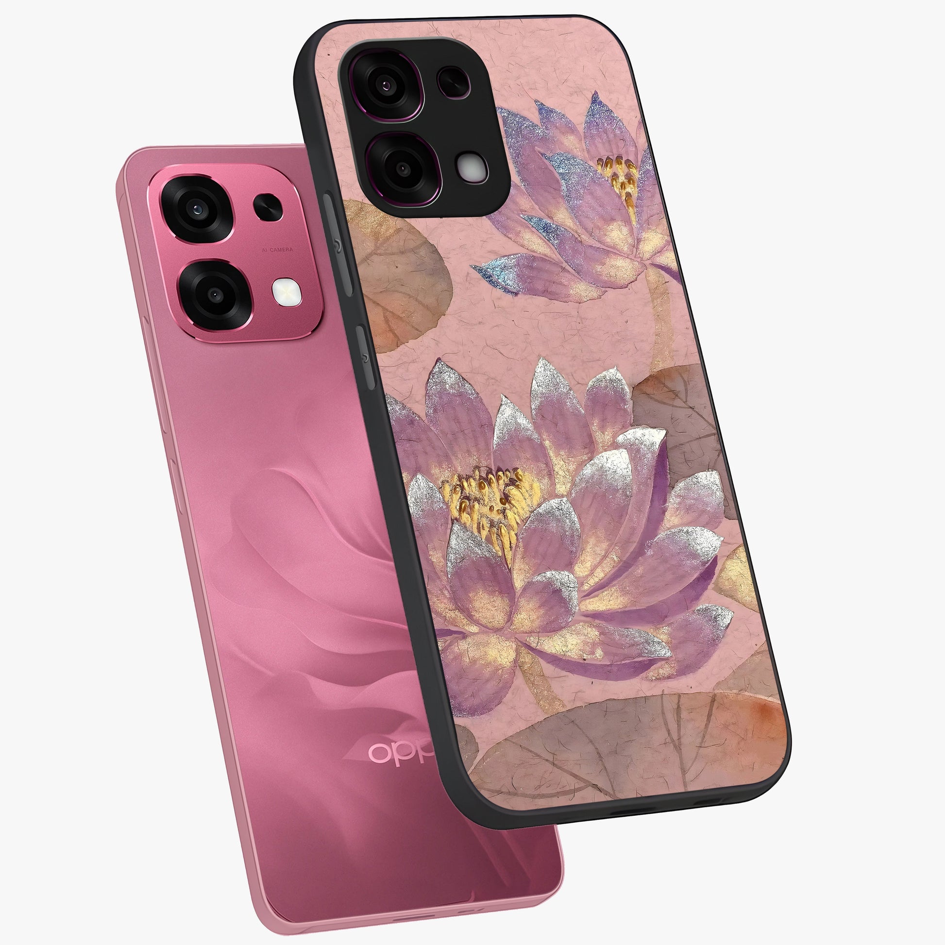 Blossom Mist Lotus Glass Case displayed in angled mockup highlighting delicate lotus illustration with calm aesthetic theme.