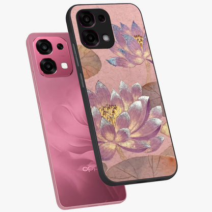 Blossom Mist Lotus Glass Case displayed in angled mockup highlighting delicate lotus illustration with calm aesthetic theme.