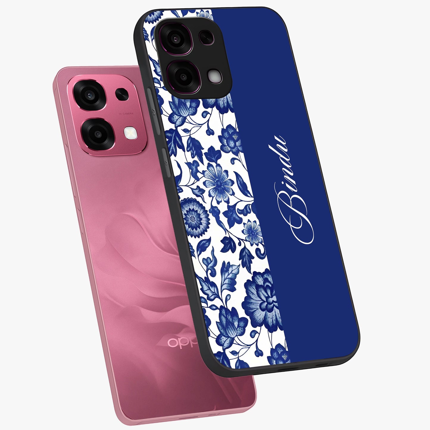 Blue Vintage Floral Pattern Glass Case displayed in angled mockup highlighting subtle bloom pattern with aesthetic pastel design.