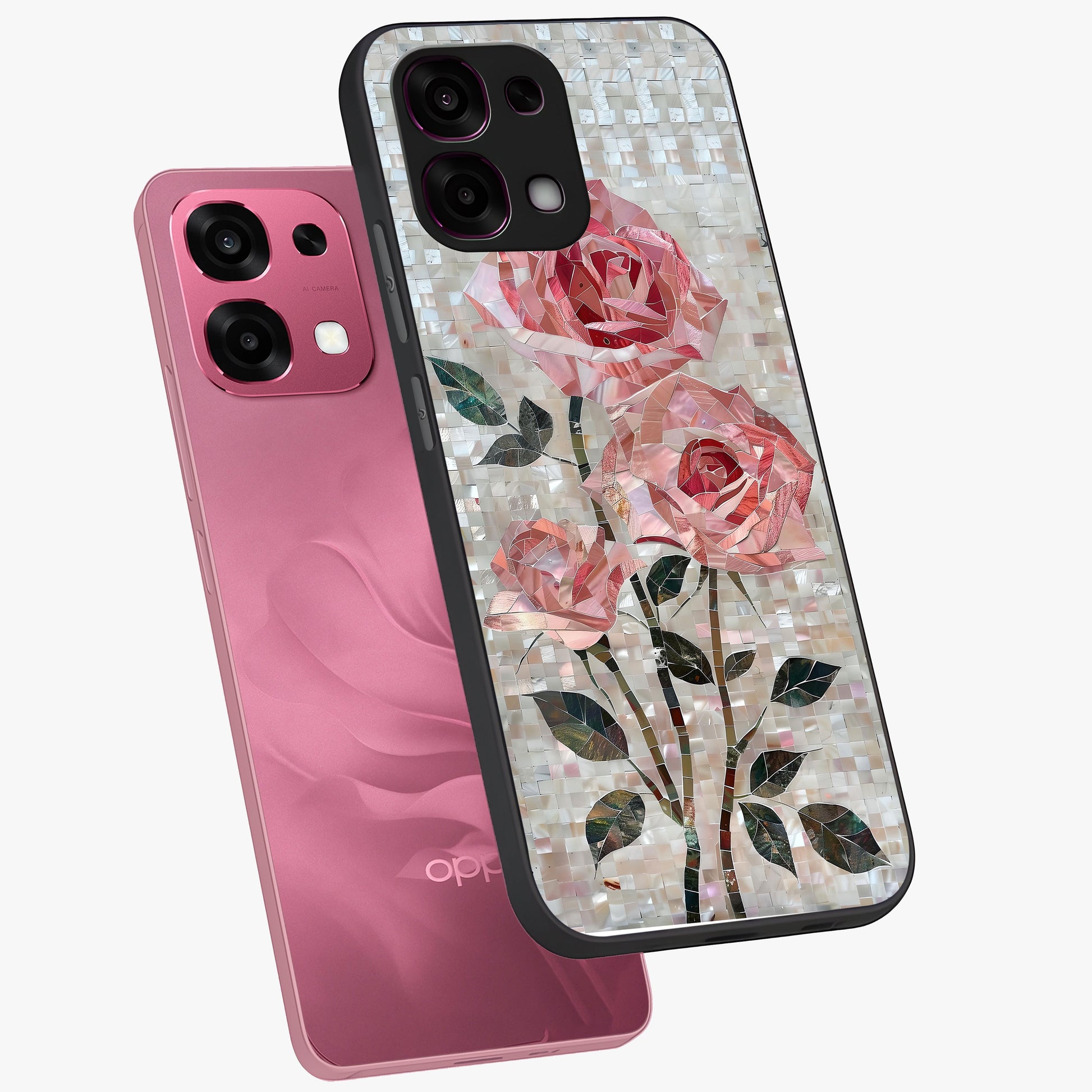 Blush Mosaic Bloom Glass Case displayed in angled mockup highlighting artistic mosaic flower pattern with aesthetic design.