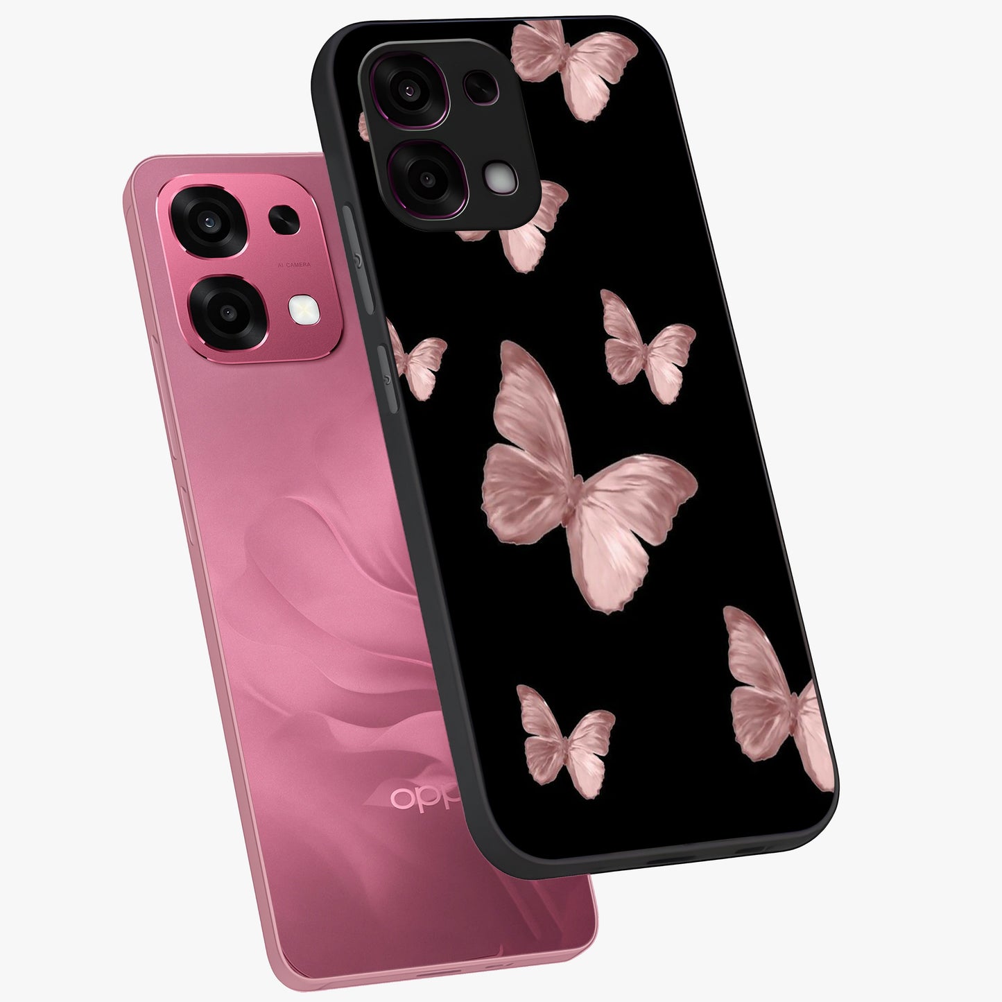 Butterfly Pattern Glass Case displayed in angled mockup highlighting delicate butterfly design and aesthetic pattern style.