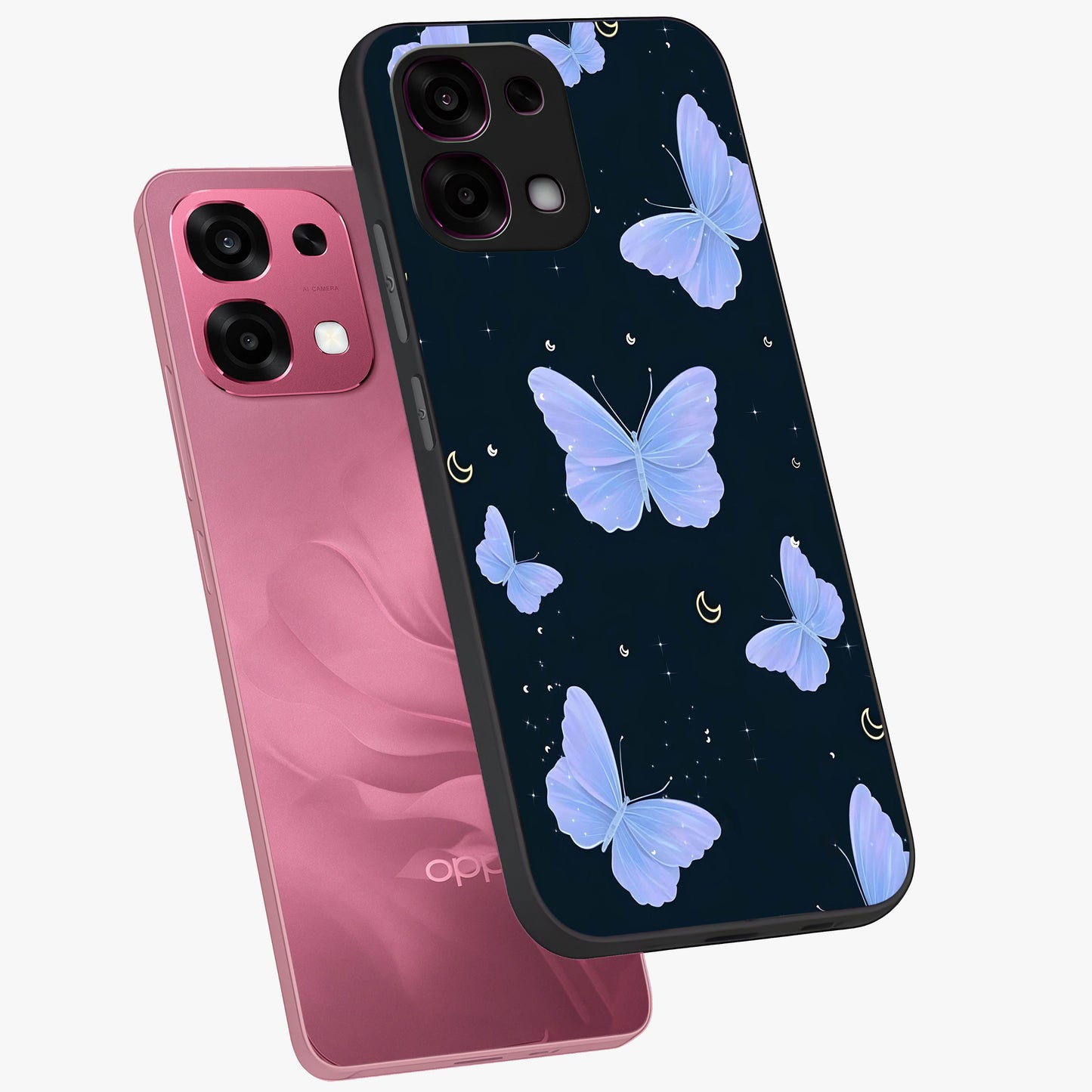 Butterfly With Stars Pattern Glass Case displayed in angled mockup highlighting dreamy butterfly and star design with aesthetic theme.