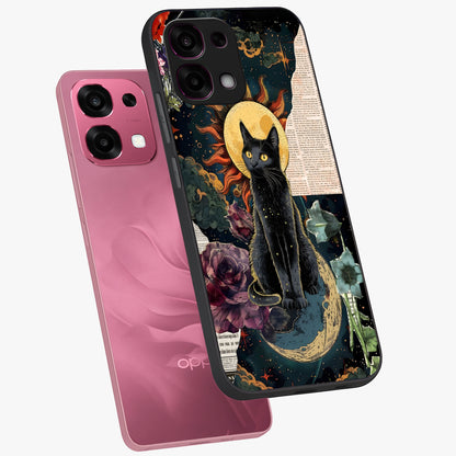 Celestial Black Cat Glass Case displayed in angled mockup highlighting cosmic black cat design with celestial aesthetic.