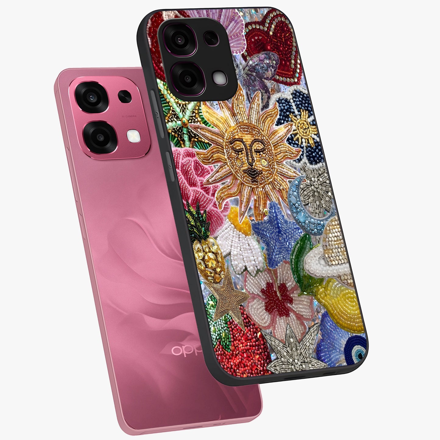 Celestial Floral and Playful Glass Case displayed in angled mockup highlighting playful floral design with dreamy celestial elements.