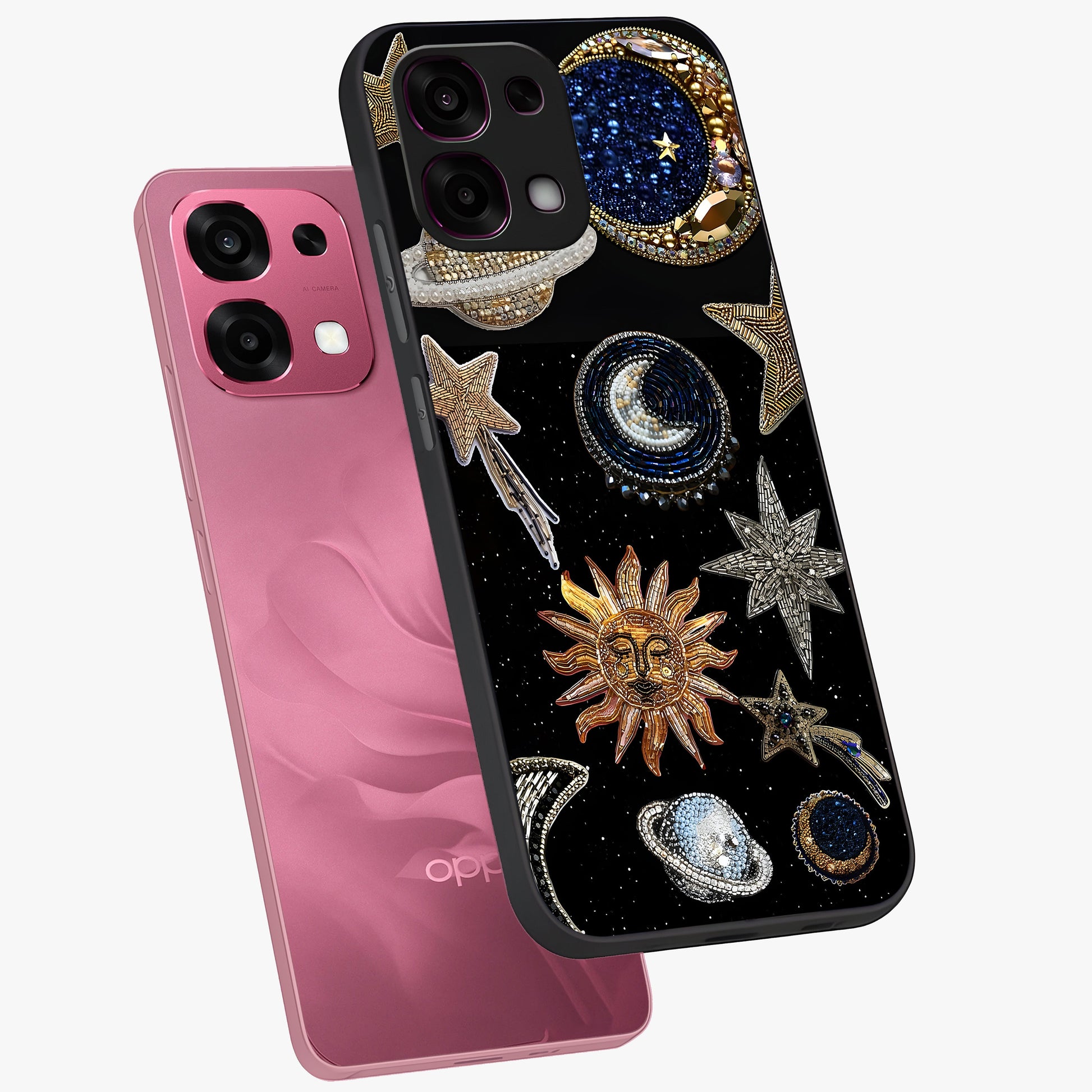 Celestial Gem Constellations Glass Case displayed in angled mockup highlighting gemstone inspired constellation design.