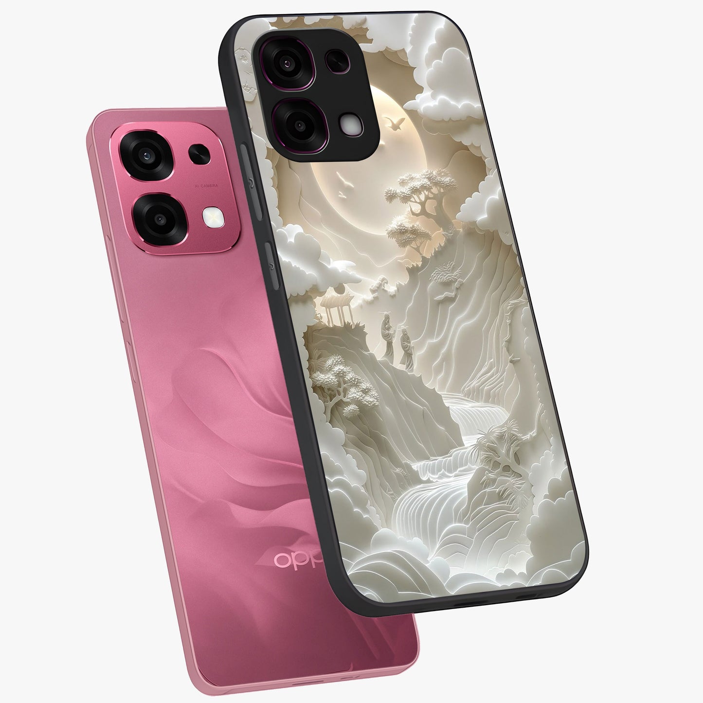 Celestial Origami Glass Case displayed in angled mockup highlighting geometric origami design with cosmic aesthetic theme.