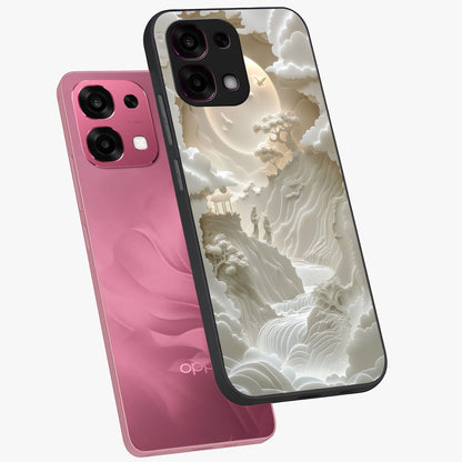 Celestial Origami Glass Case displayed in angled mockup highlighting geometric origami design with cosmic aesthetic theme.
