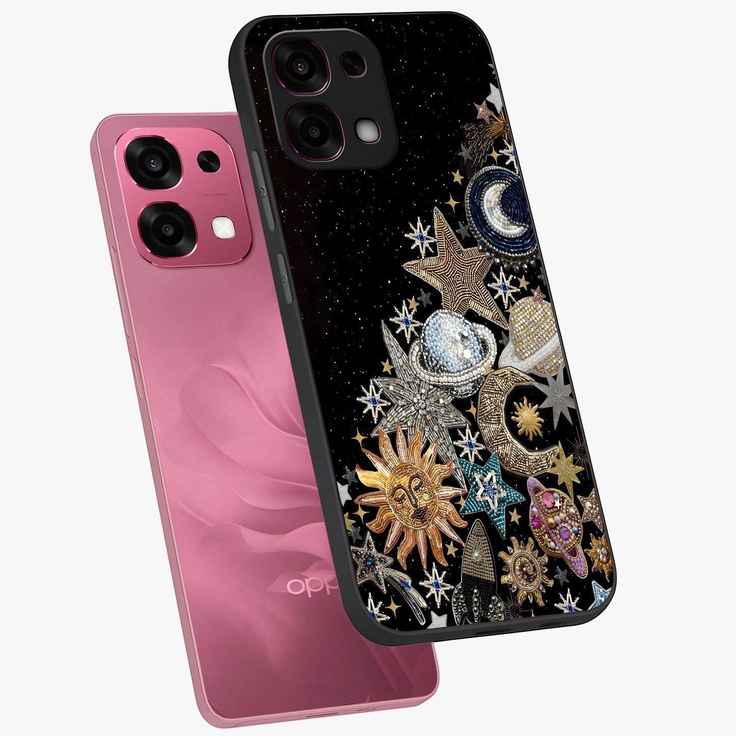 Cosmic Sparkle Dreams Glass Case displayed in angled mockup highlighting dreamy star sparkle design with celestial aesthetic.