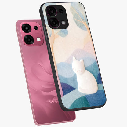 Cotton Dream Cat Glass Case displayed in angled mockup highlighting cute feline illustration with pastel aesthetic style.