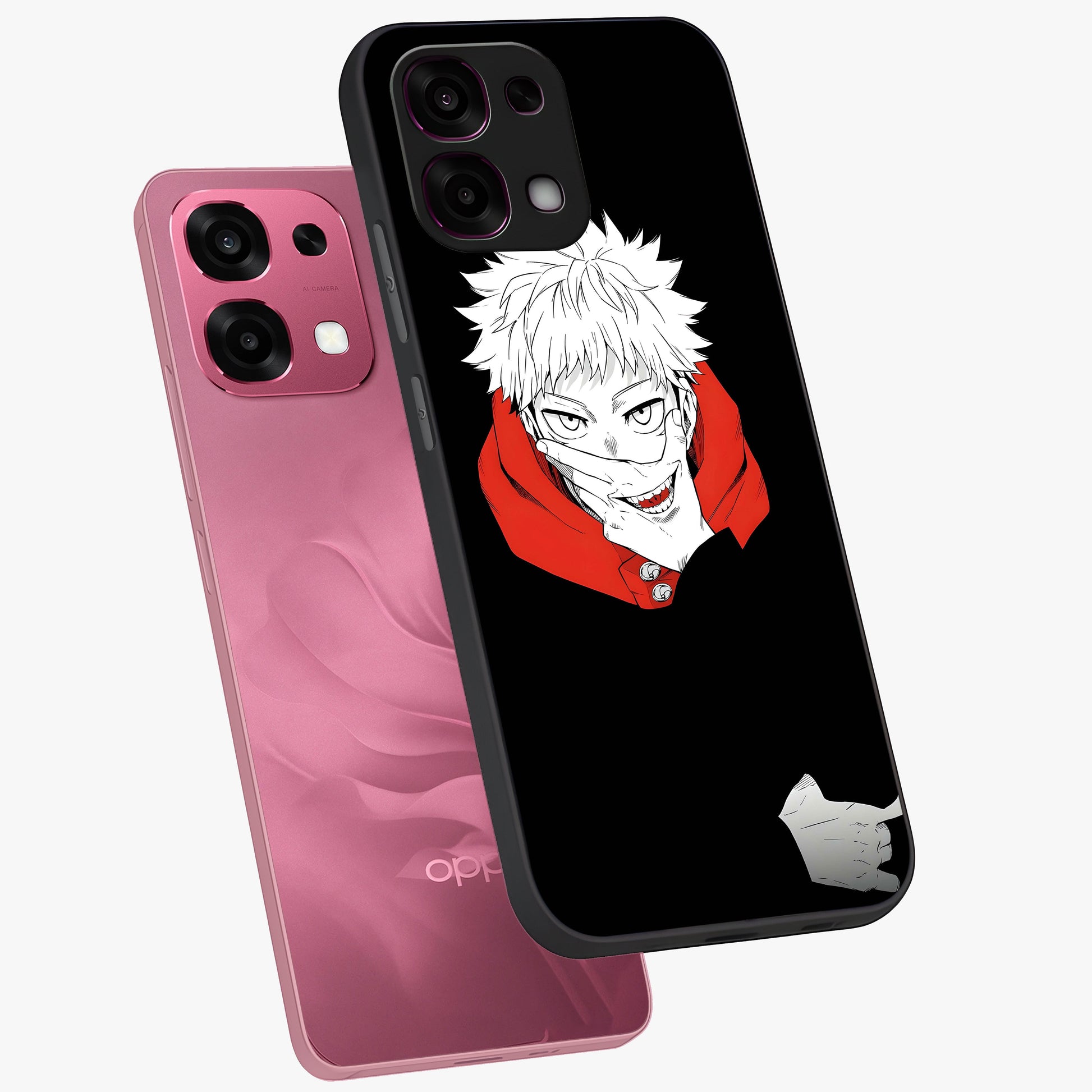 Crimson Chaos Smile Glass Case displayed in angled mockup highlighting edgy crimson smile design with graphic aesthetic.