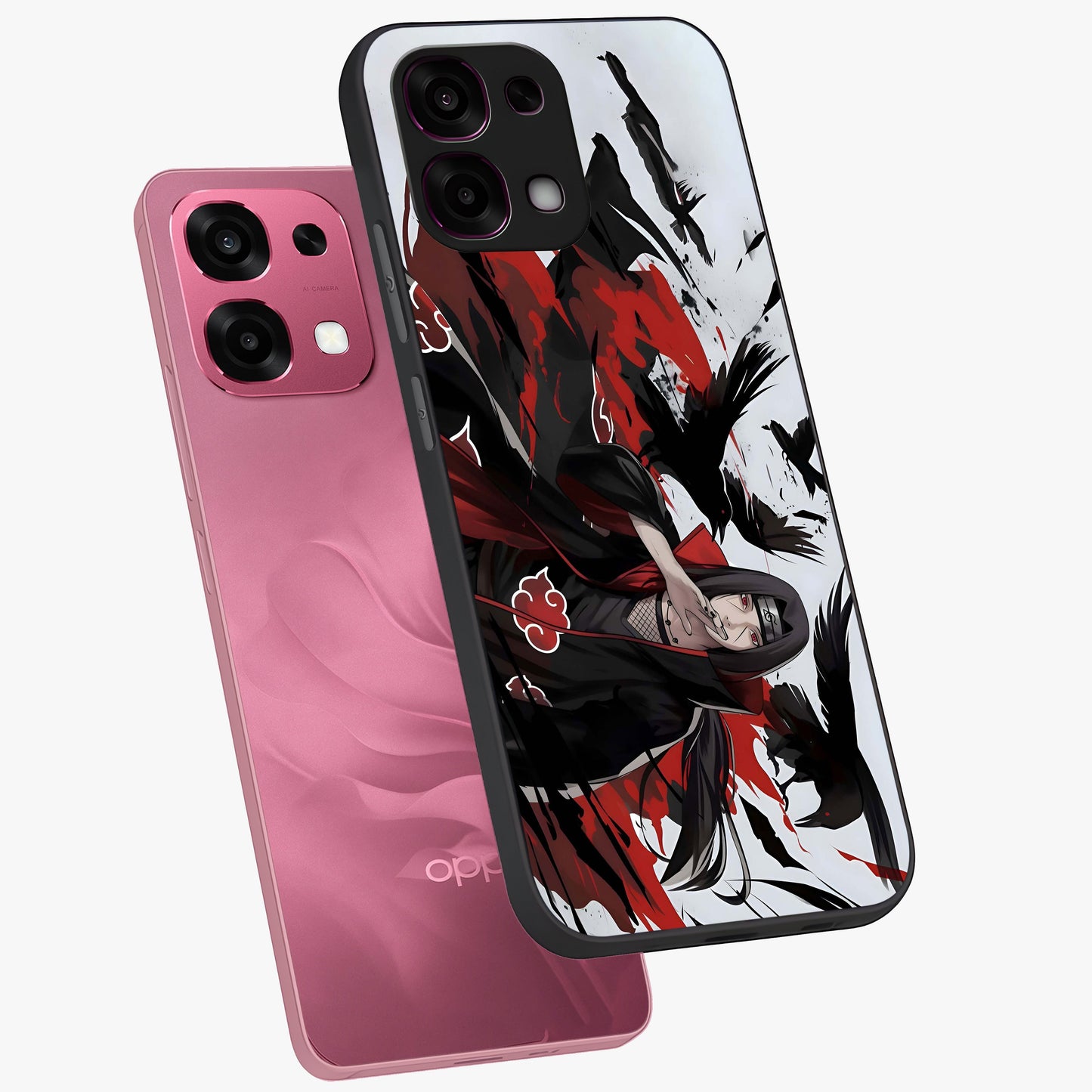 Crimson Crow Illusion Glass Case displayed in angled mockup highlighting mysterious crow graphic with dark aesthetic style.