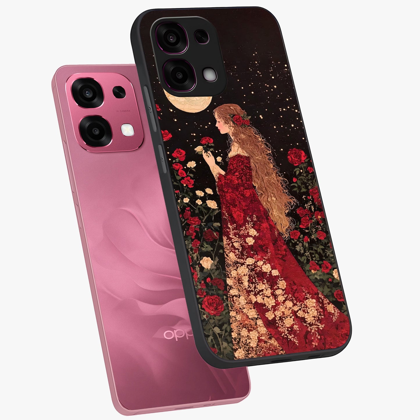 Crimson Dreams Glass Case displayed in angled mockup highlighting soft crimson aesthetic design with artistic theme.