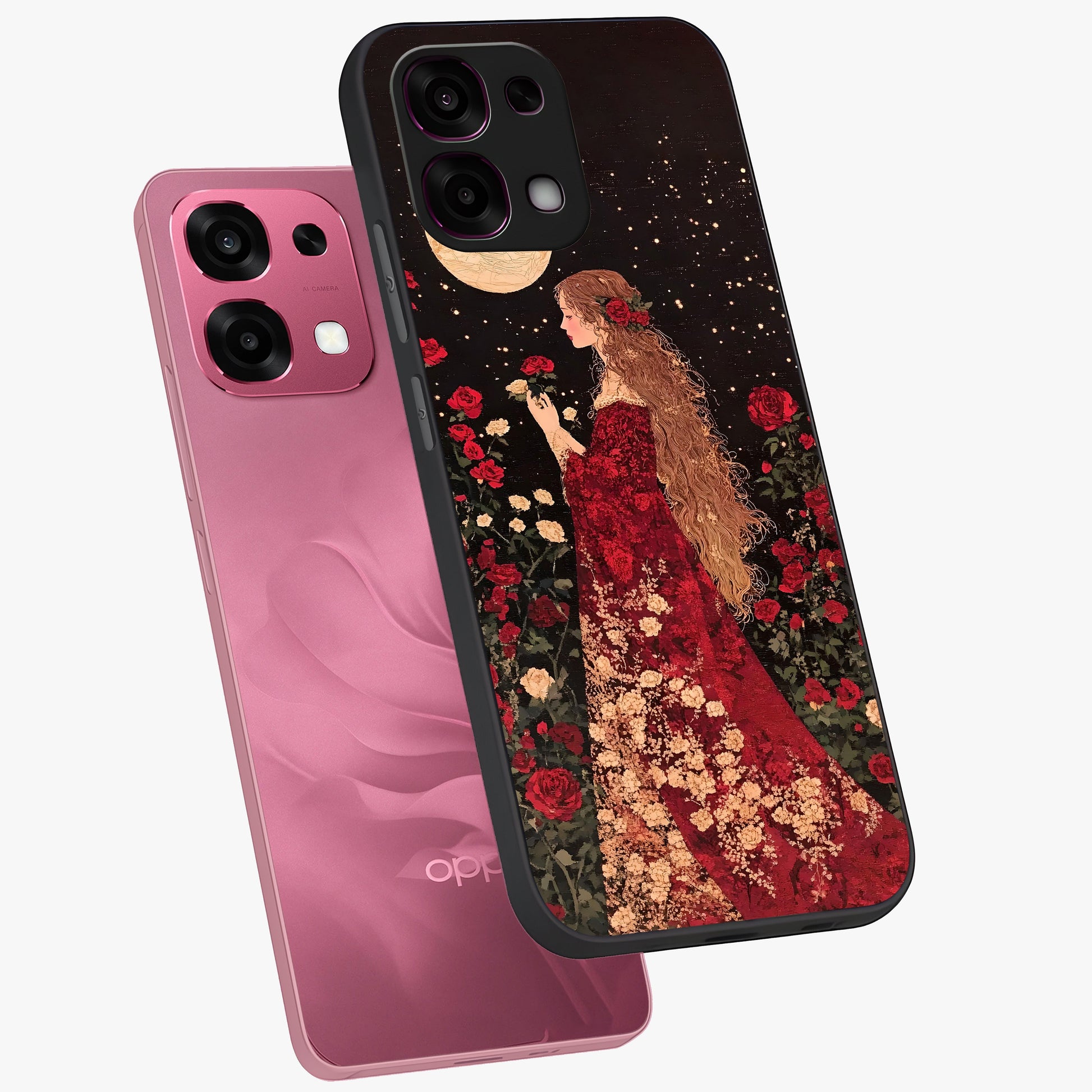 Crimson Dreams Glass Case displayed in angled mockup highlighting soft crimson aesthetic design with artistic theme.