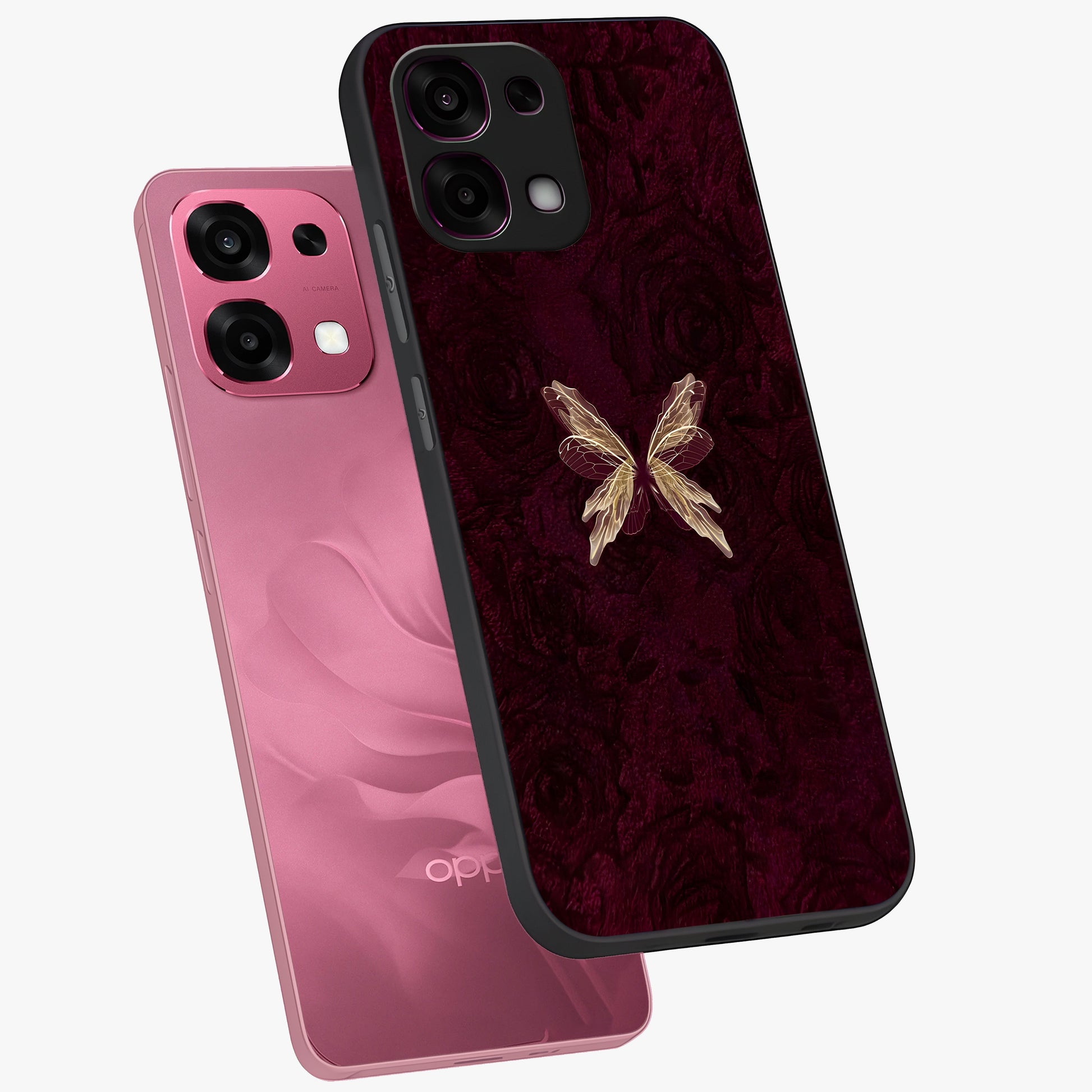 Crimson Fade Butterfly Glass Case displayed in angled mockup highlighting elegant butterfly design with crimson gradient aesthetic.