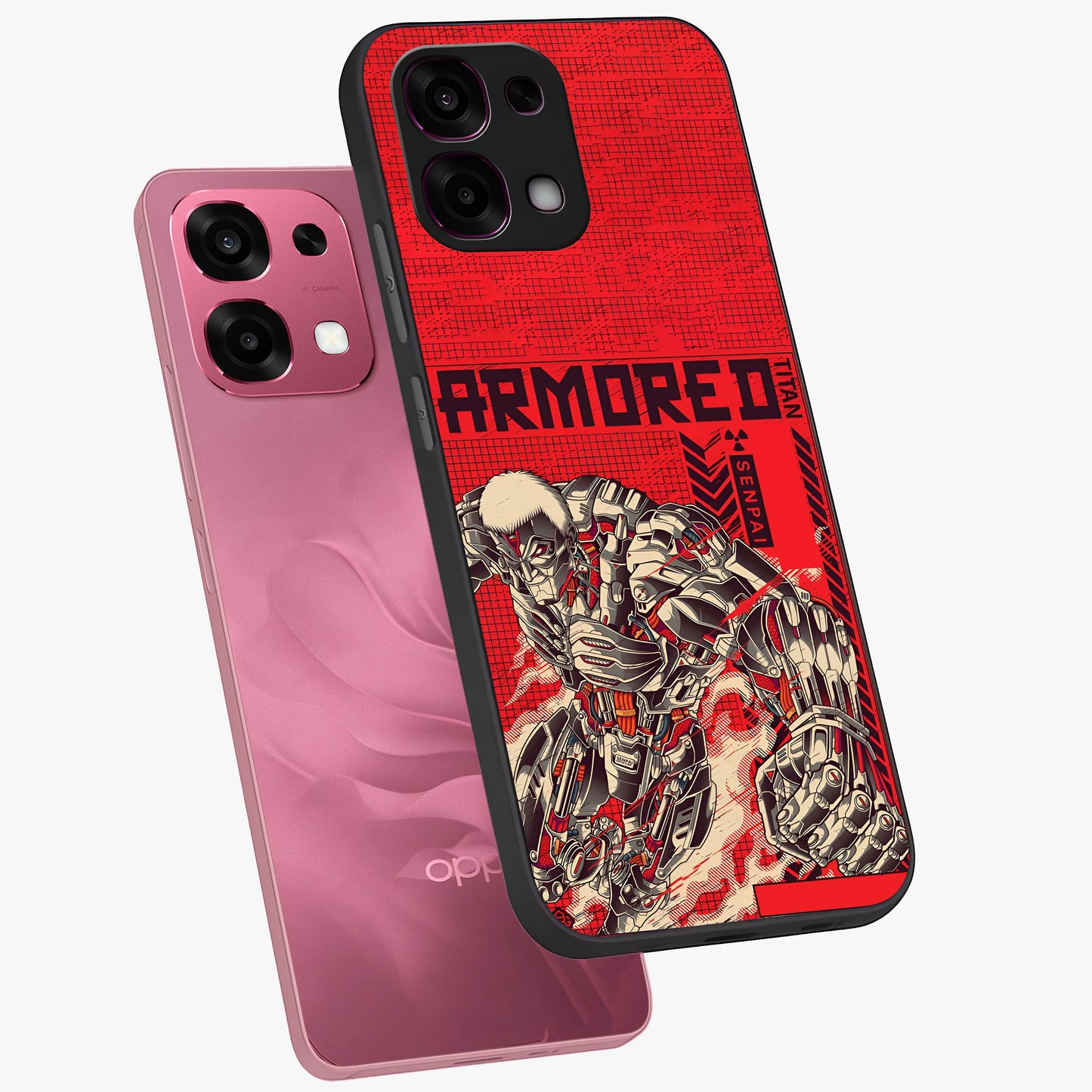 Crimson Mecha Titan Glass Case displayed in angled mockup highlighting futuristic mech illustration with bold crimson aesthetic.