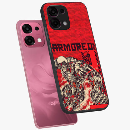 Crimson Mecha Titan Glass Case displayed in angled mockup highlighting futuristic mech illustration with bold crimson aesthetic.