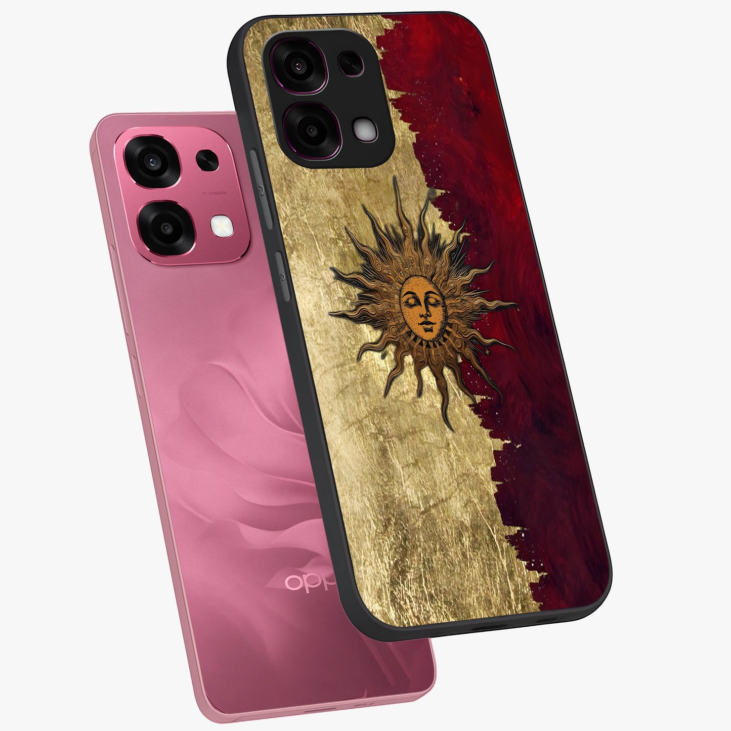 Crimson Sun Majesty Glass Case displayed in angled mockup highlighting majestic crimson sun design with bold aesthetic style.