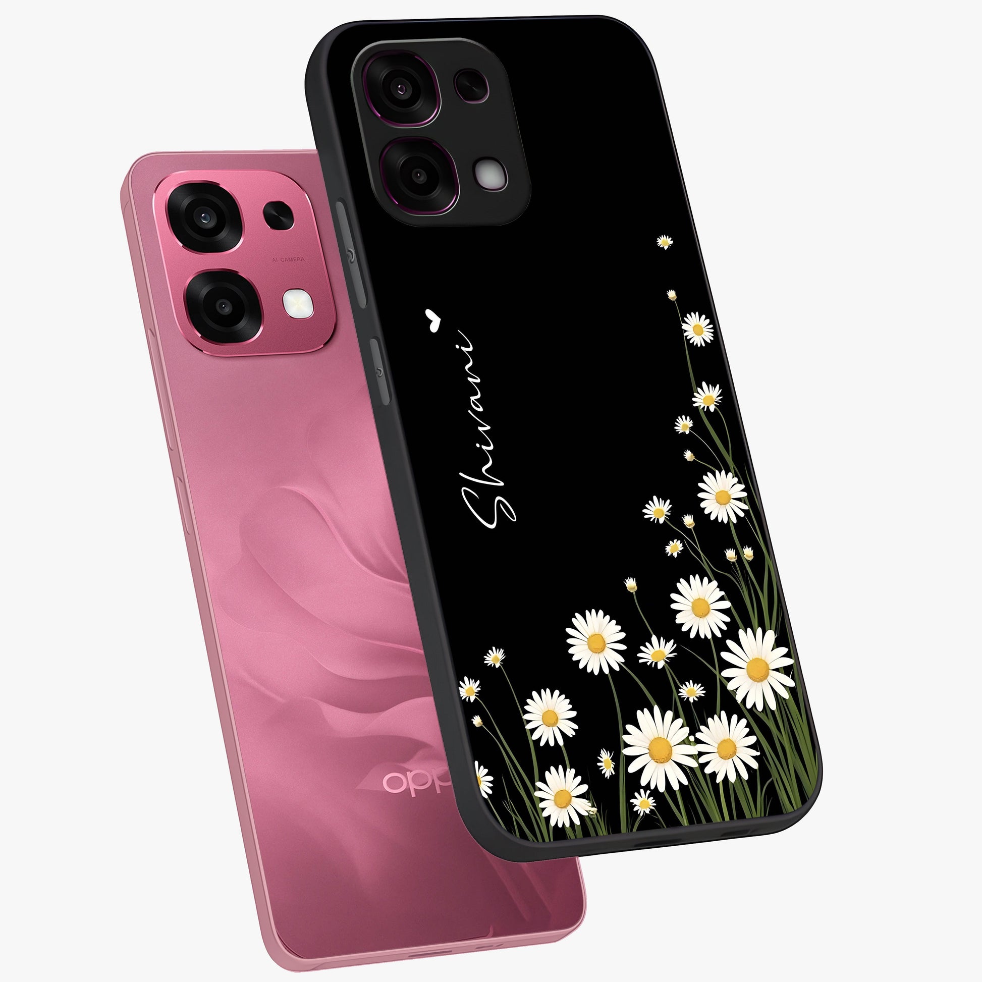 Daisy Cascade Custom Name Glass Case displayed in angled mockup highlighting delicate daisy artwork with custom name feature.