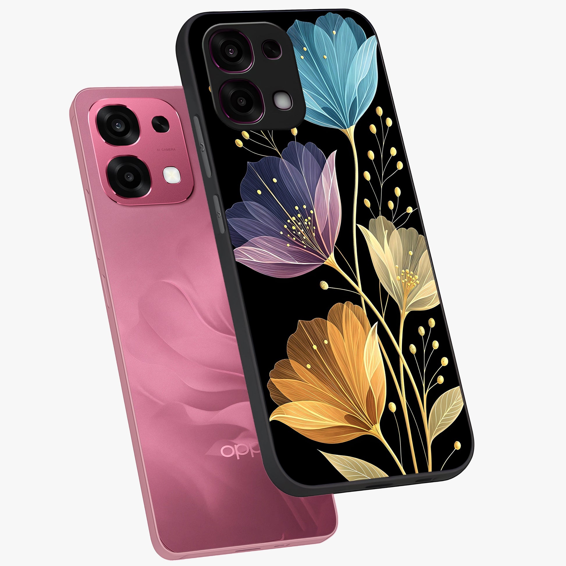 Delicate Multicolor Flowers Glass Case displayed in angled mockup highlighting colorful flower pattern with soft aesthetic style.