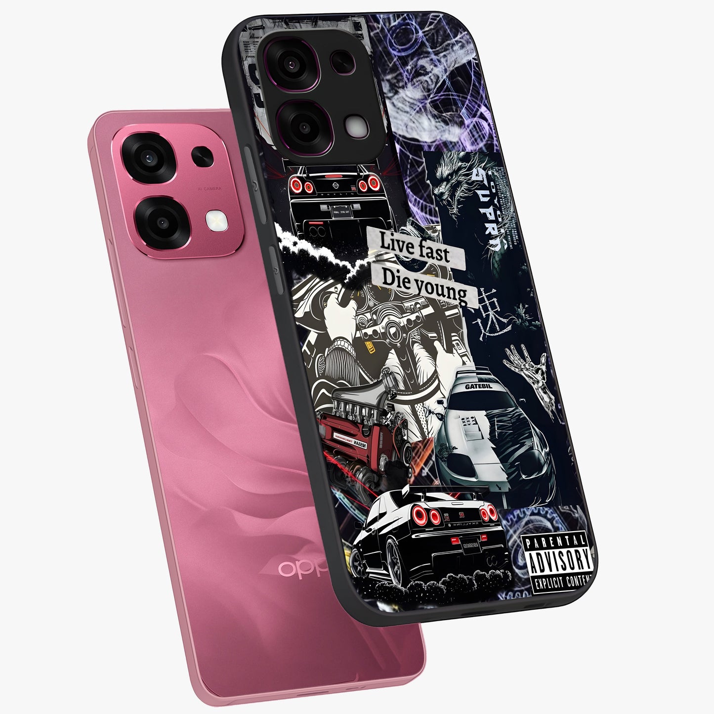 Die Young Glass Case displayed in angled mockup highlighting expressive graphic artwork with edgy aesthetic style.