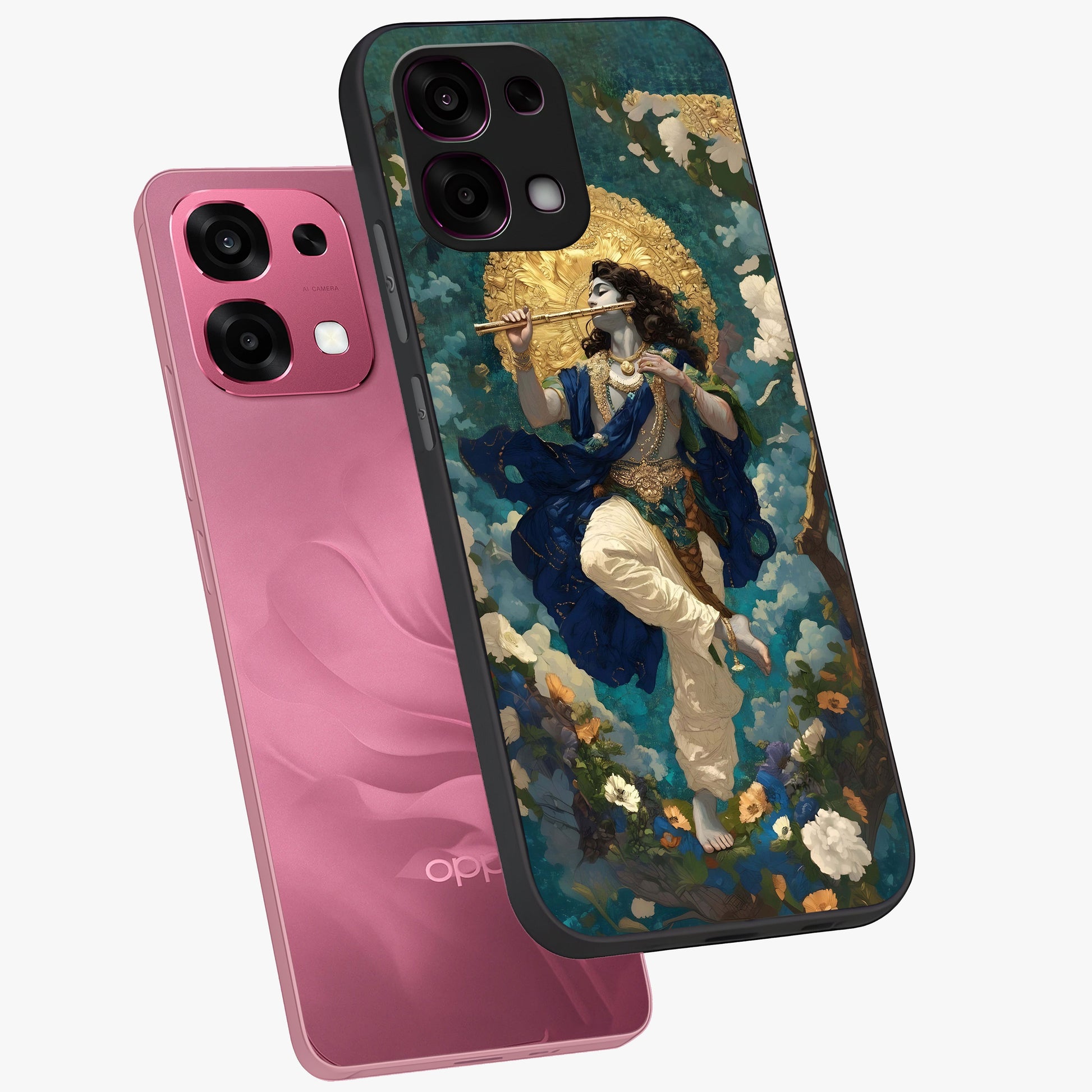 Divine Krishna Art Glass Case displayed in angled mockup highlighting spiritual Krishna illustration with devotional aesthetic.