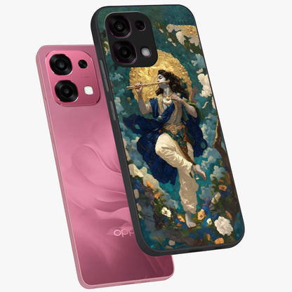 Divine Krishna Art Glass Case displayed in angled mockup highlighting spiritual Krishna illustration with devotional aesthetic.