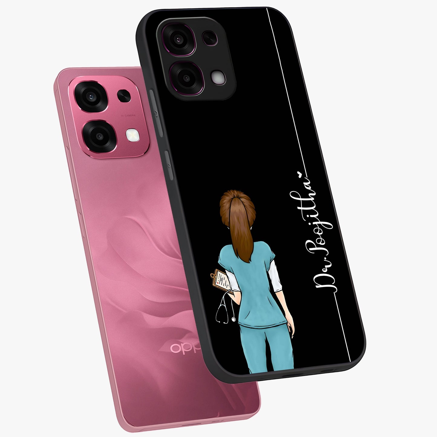 Doctor Pattern Custom Name Glass Case displayed in angled mockup highlighting doctor inspired artwork with custom name feature.