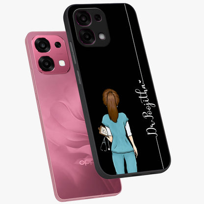 Doctor Pattern Custom Name Glass Case displayed in angled mockup highlighting doctor inspired artwork with custom name feature.