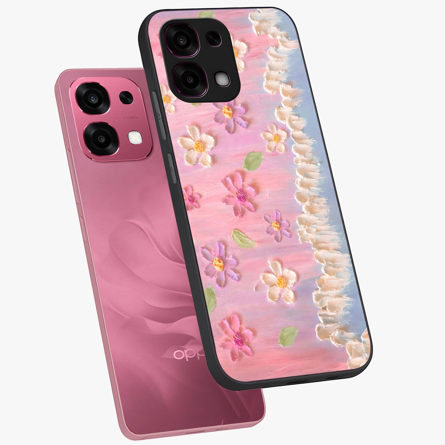 Dreamy Painted Garden Glass Case displayed in angled mockup highlighting colorful garden illustration with dreamy aesthetic style.