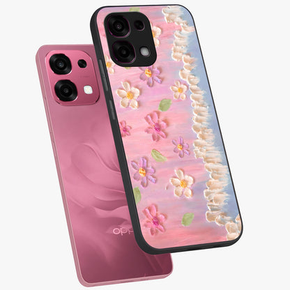 Dreamy Painted Garden Glass Case displayed in angled mockup highlighting colorful garden illustration with dreamy aesthetic style.