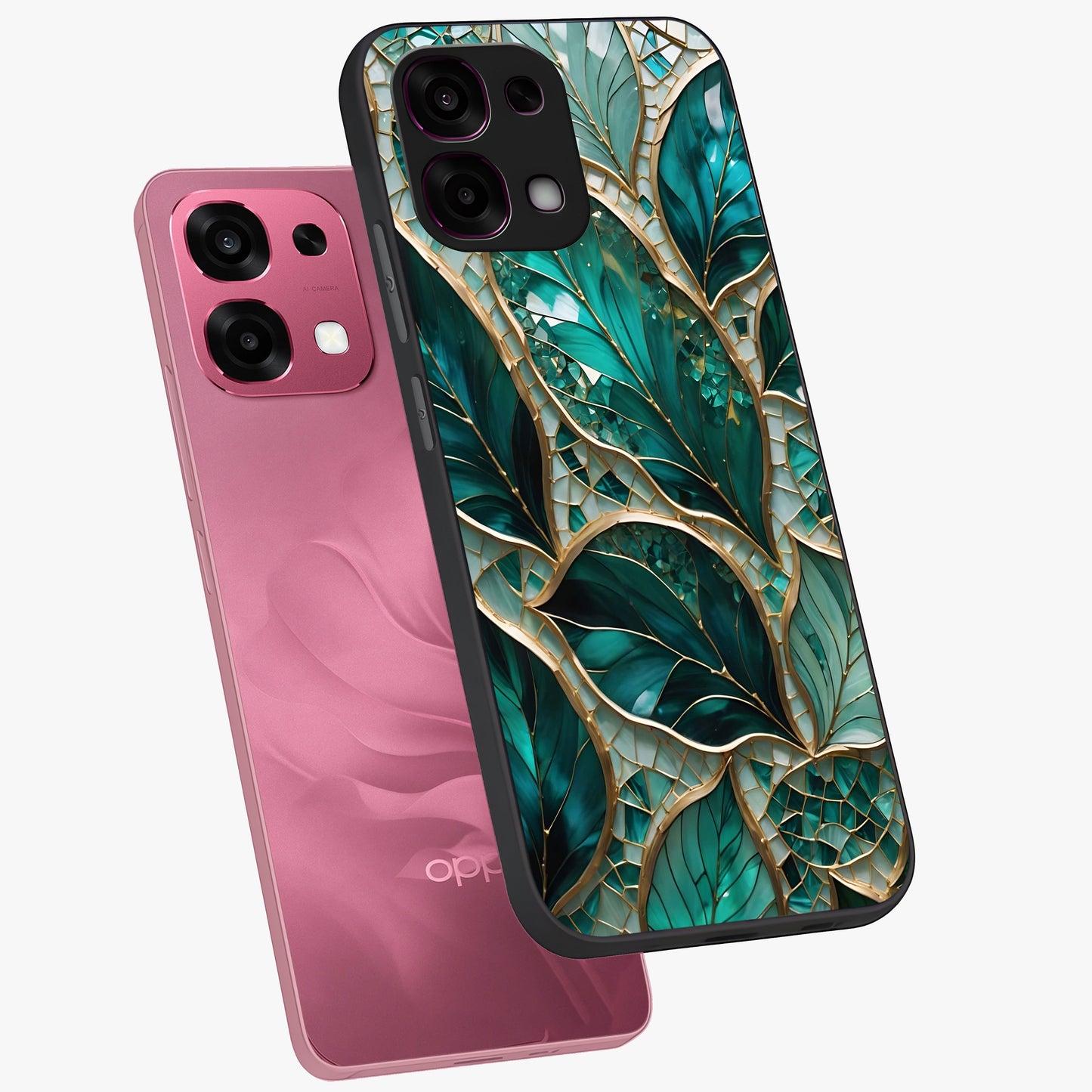 Emerald Leaf Glass Glass Case displayed in angled mockup highlighting botanical leaf illustration with elegant natural aesthetic.
