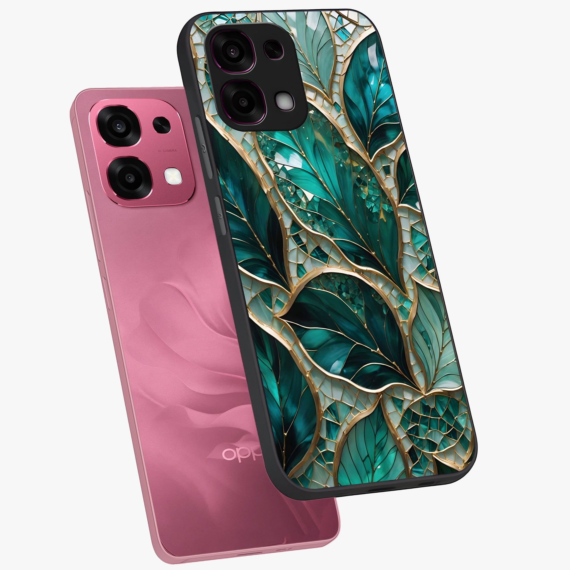 Emerald Leaf Glass Glass Case displayed in angled mockup highlighting botanical leaf illustration with elegant natural aesthetic.