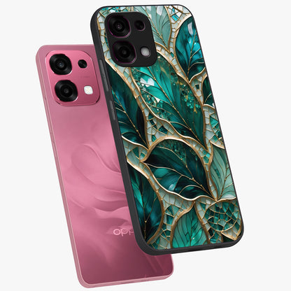 Emerald Leaf Glass Glass Case displayed in angled mockup highlighting botanical leaf illustration with elegant natural aesthetic.
