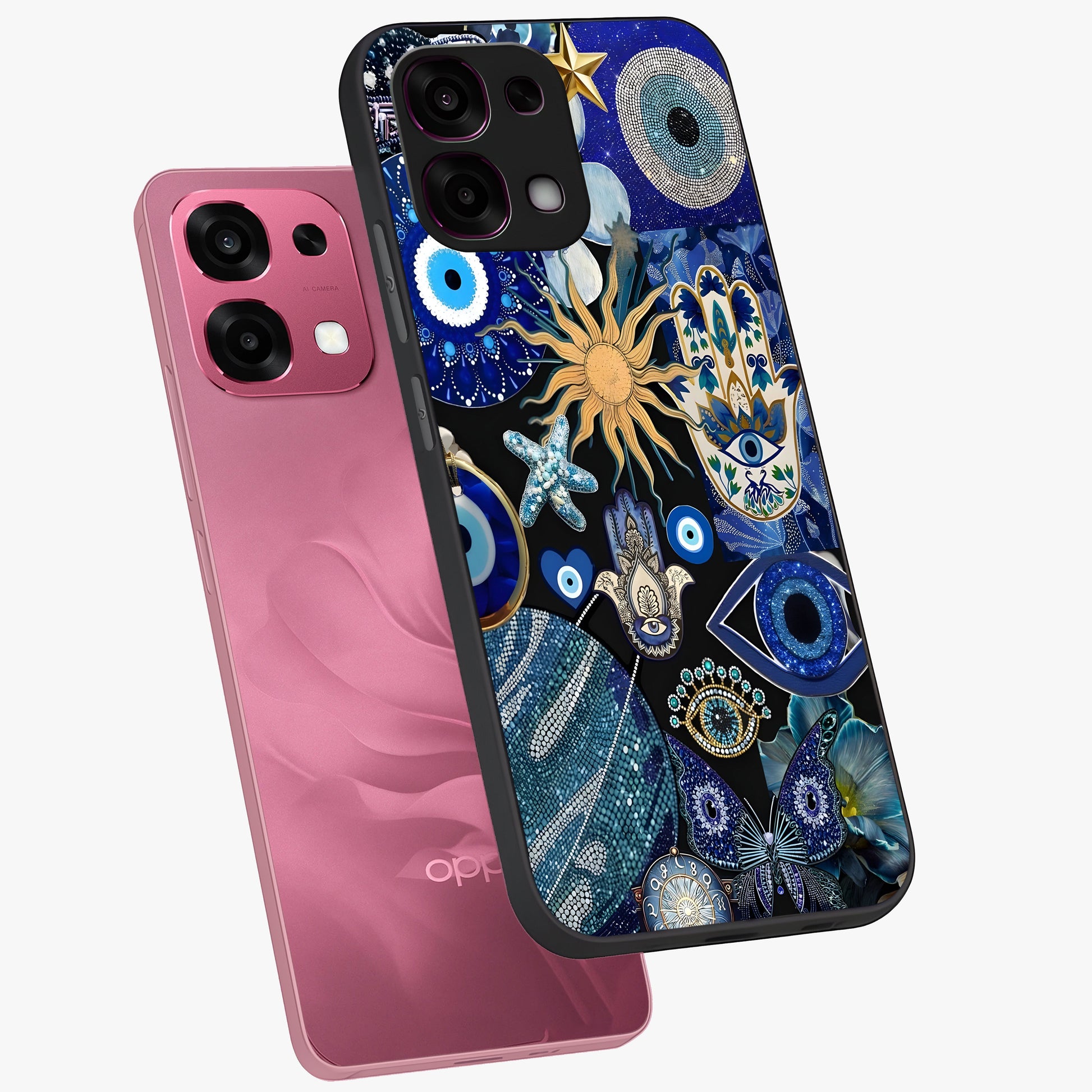 Evil Eye Charm Mix Glass Case displayed in angled mockup highlighting protective evil eye symbols with spiritual aesthetic design.