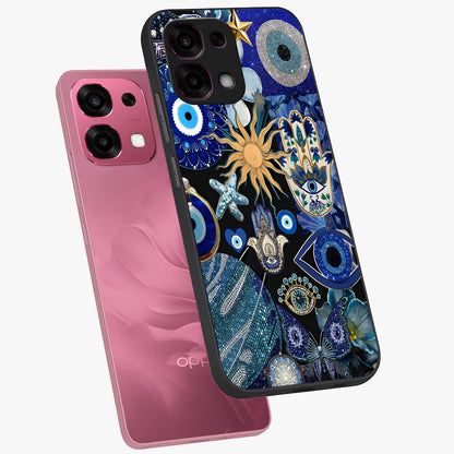 Evil Eye Charm Mix Glass Case displayed in angled mockup highlighting protective evil eye symbols with spiritual aesthetic design.