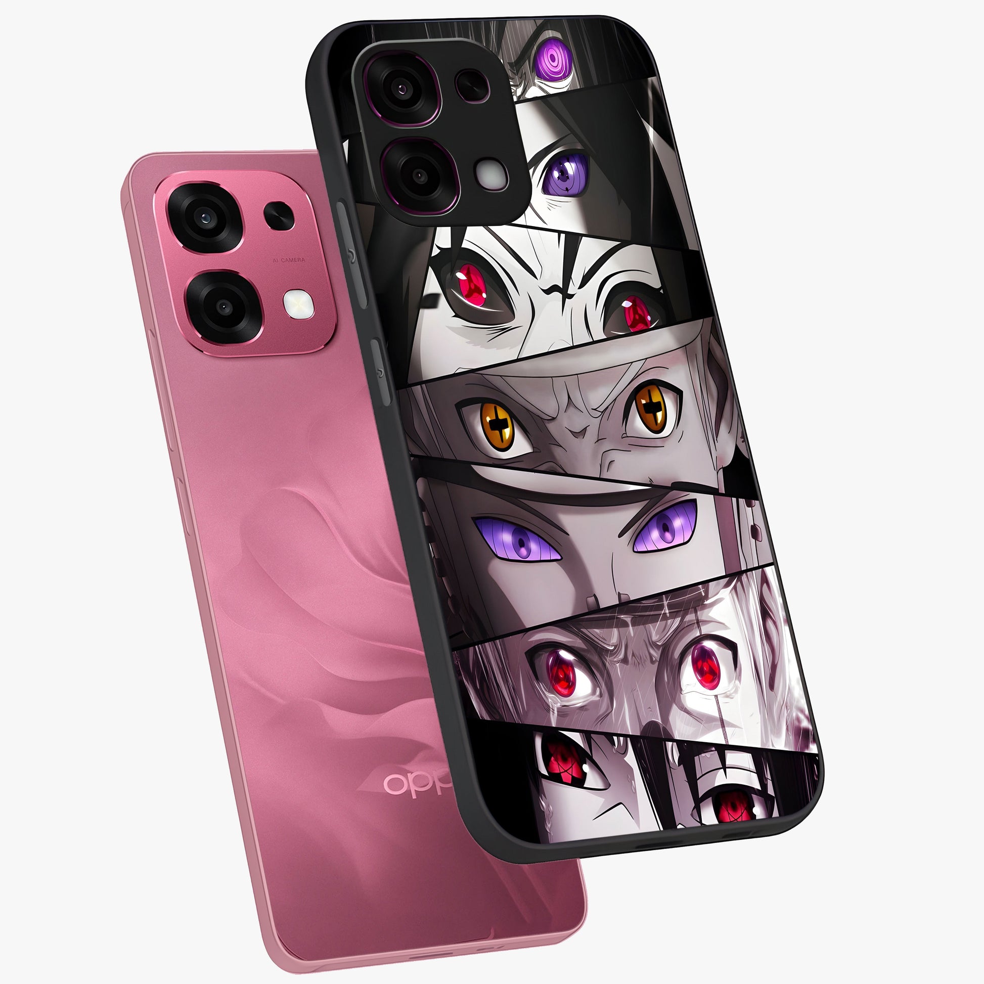 Eyes of Destiny Glass Case displayed in angled mockup highlighting bold eye illustration with mystical aesthetic style.