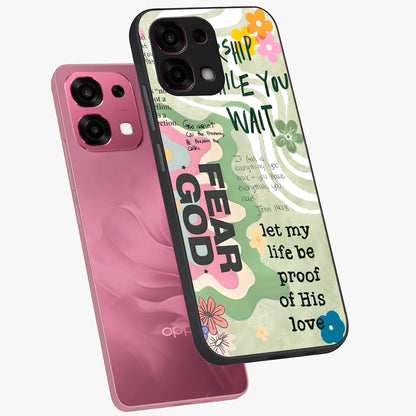 Faith Over Fear Glass Case displayed in angled mockup highlighting inspirational message design with modern aesthetic style.