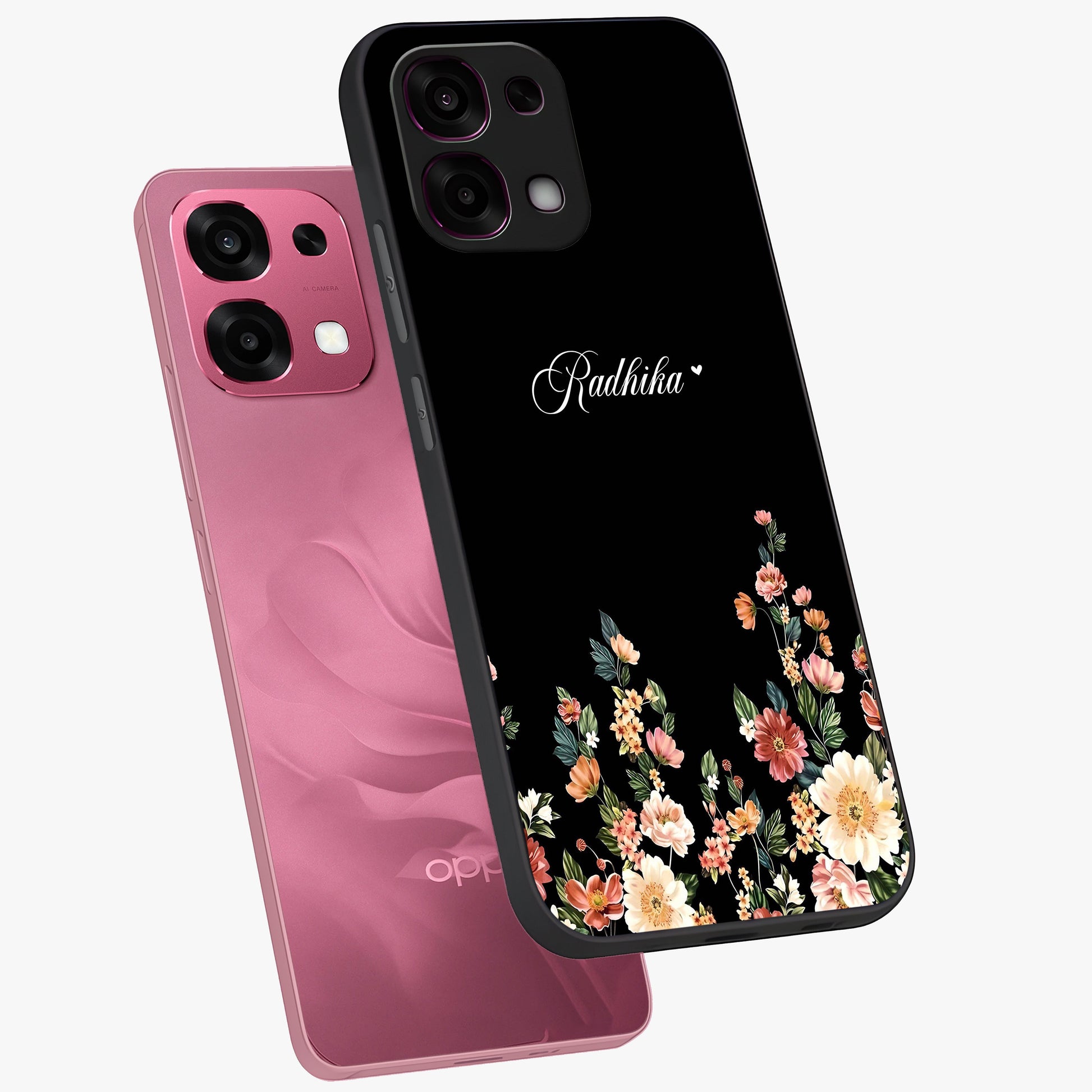 Floral Design With a Custom Personalized Name Glass Case displayed in angled mockup highlighting elegant floral pattern with custom name feature.