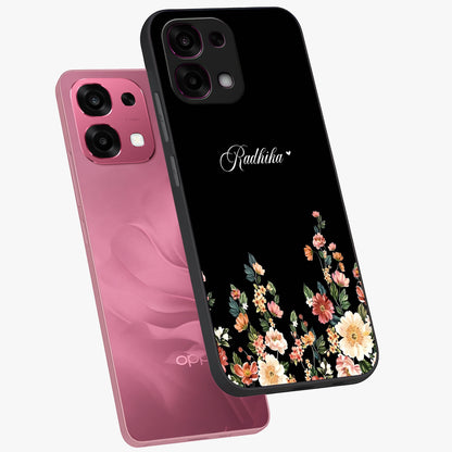 Floral Design With a Custom Personalized Name Glass Case displayed in angled mockup highlighting elegant floral pattern with custom name feature.