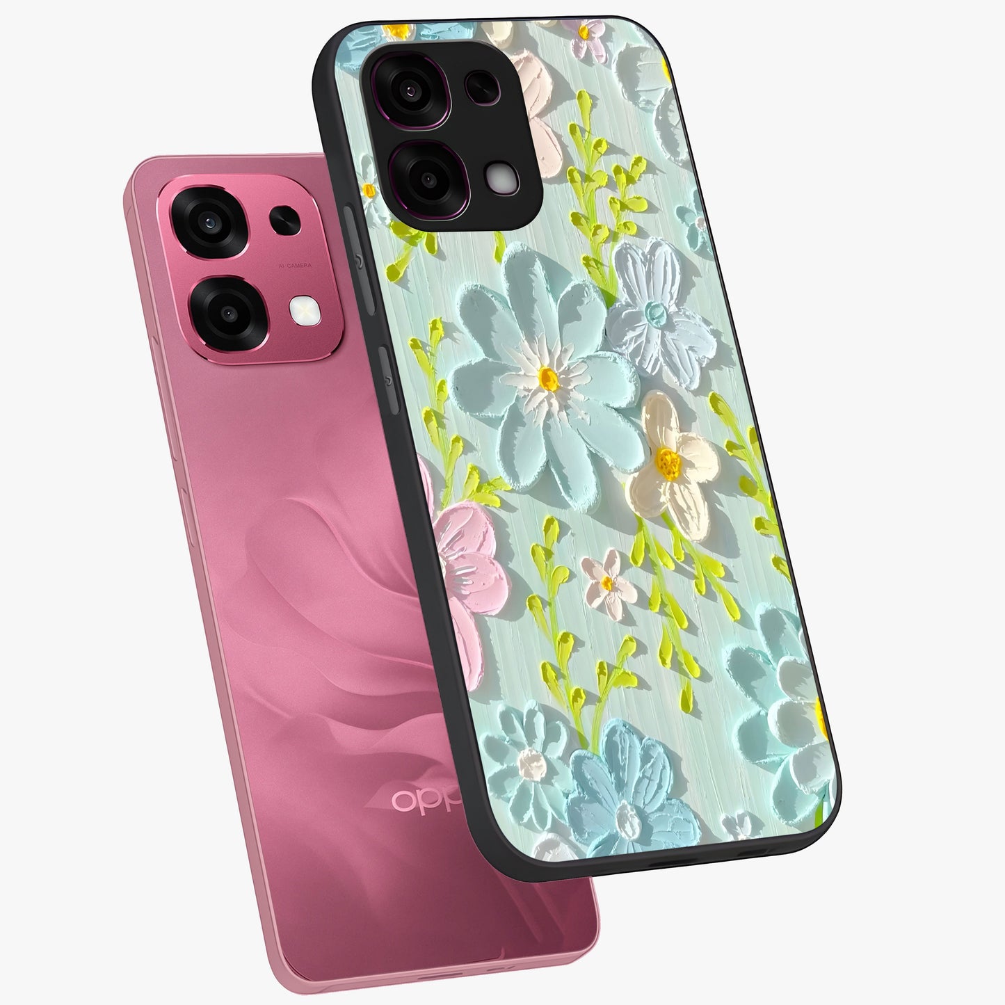 Frosted Petal Garden Glass Case displayed in angled mockup highlighting delicate flower petal design with calm garden aesthetic.