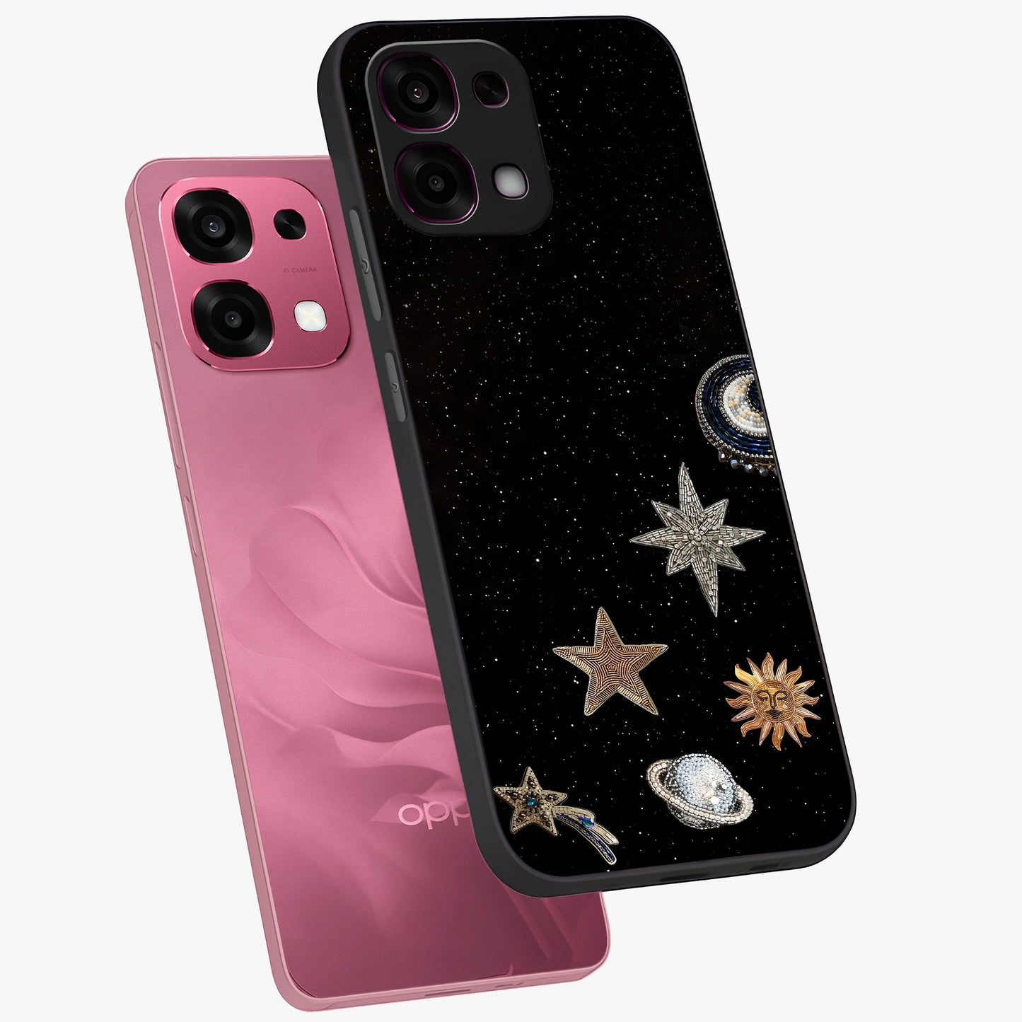 Galactic Charm Glow Glass Case displayed in angled mockup highlighting luminous galaxy inspired design with dreamy aesthetic.
