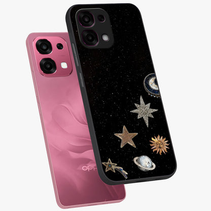 Galactic Charm Glow Glass Case displayed in angled mockup highlighting luminous galaxy inspired design with dreamy aesthetic.