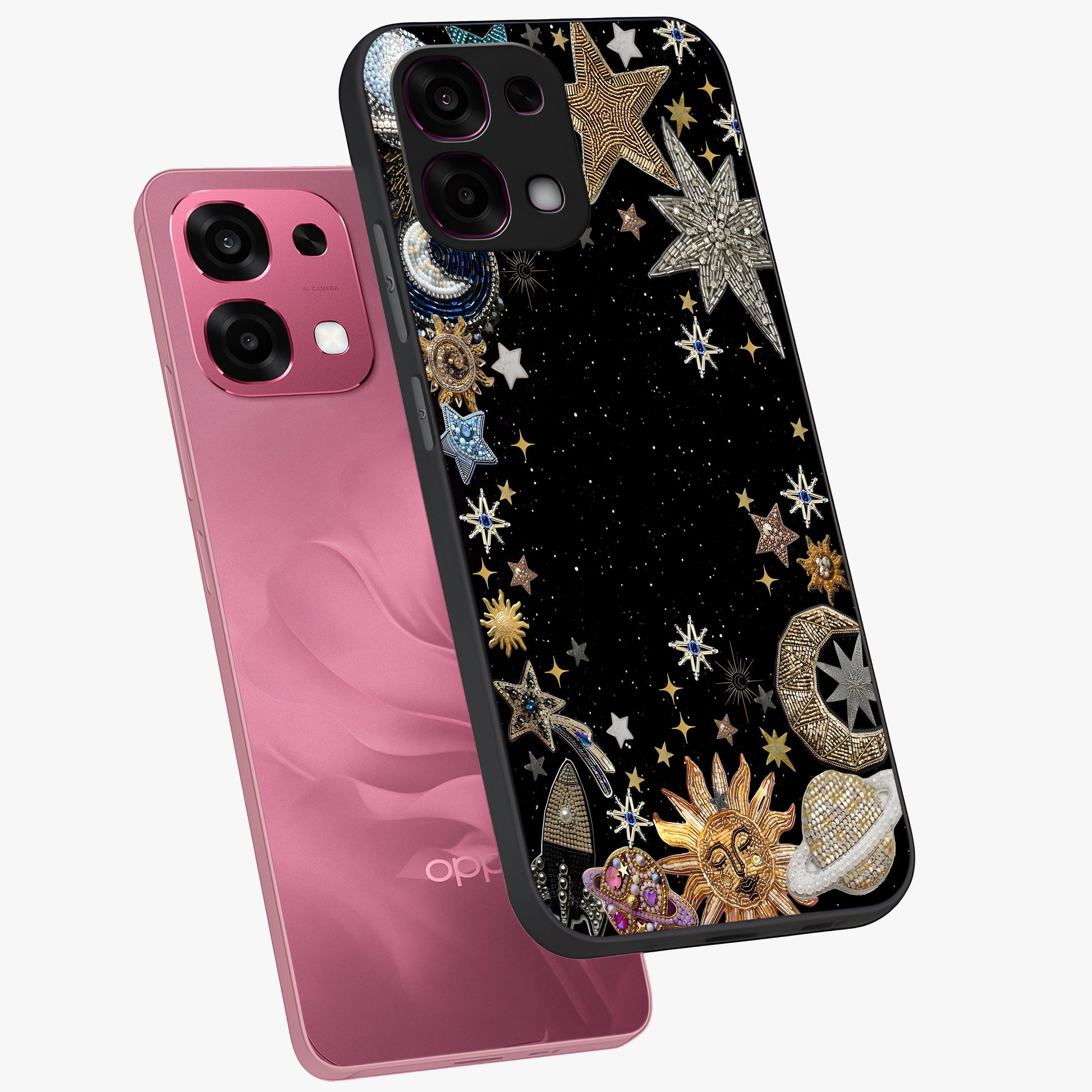 Galactic Jewel Stars Glass Case displayed in angled mockup highlighting shining celestial star design with cosmic aesthetic style.
