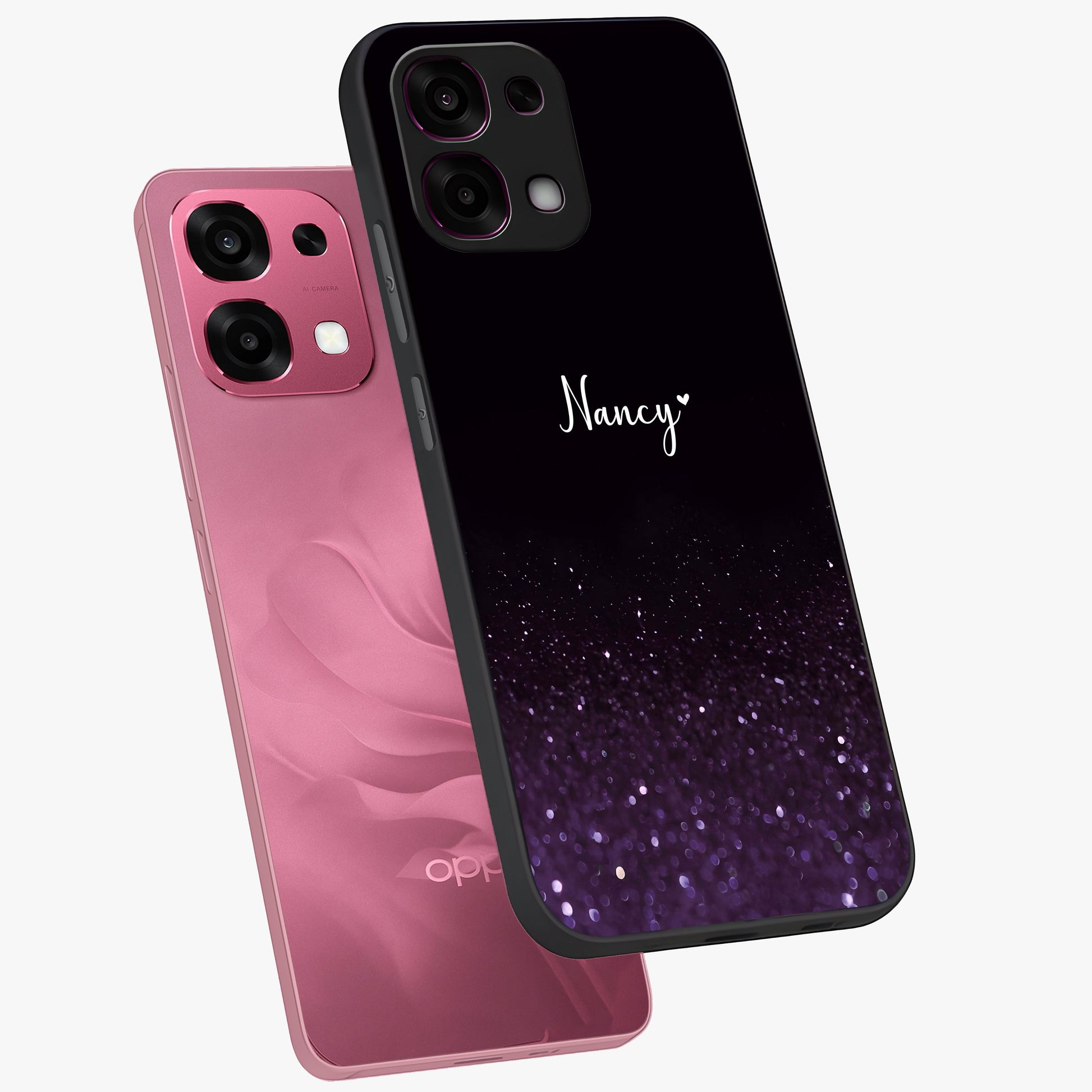 Glittery Purple Bokeh Custom Name Glass Case displayed in angled mockup highlighting glitter bokeh pattern with custom name feature.